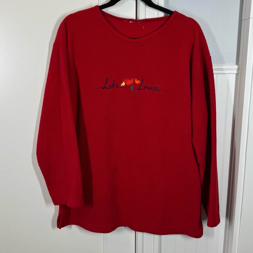 Vintage Red Lake Louise Fleece Sweater Sweatshirt travel Canada 90’s size large